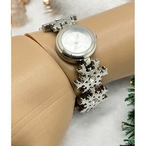 Silver Tone Snowflake Watch Link Bracelet Rhinestone Accents Christmas Winter